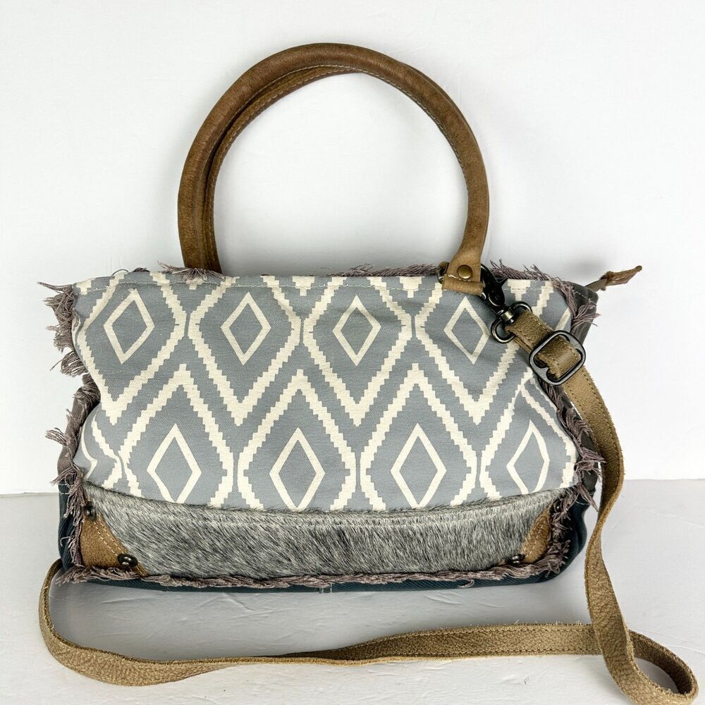 Myra Bag Leather Canvas Fur Shoulder Crossbody Bag Western Boho Aztec Large